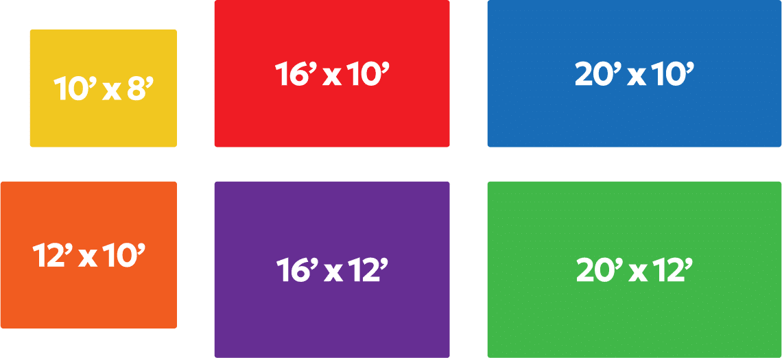 Selects from size options 10'x8', 16'x10', 20'x10', 12'x10', 16'x12', 20'x12'